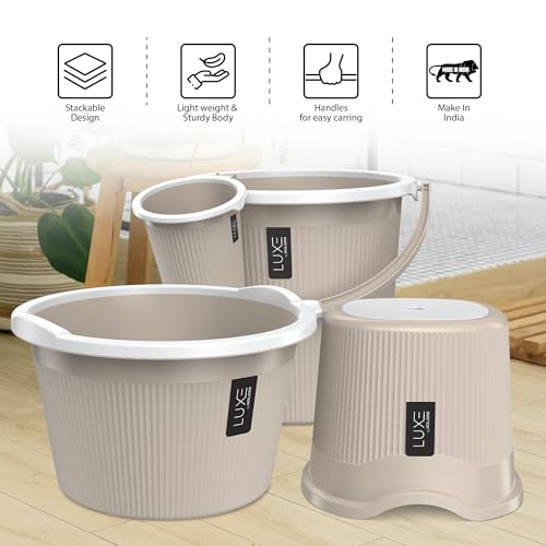 Image of KOLORR Luxe Bathroom Set (Bucket 20L x 1) + (Mug 1.5L x 1) + (Luxe Patla x 1) + (20L Tub x 1)|Sturdy and Durable |Lightweight| Easy to Clean and Attractive Design|Pack of 4| Sand Stone