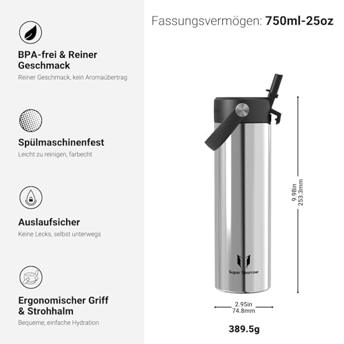 Sparrow Trinkflasche Edelstahl 750ml Thermosflasche mit Strohhalm Deckel – Ansicht 3