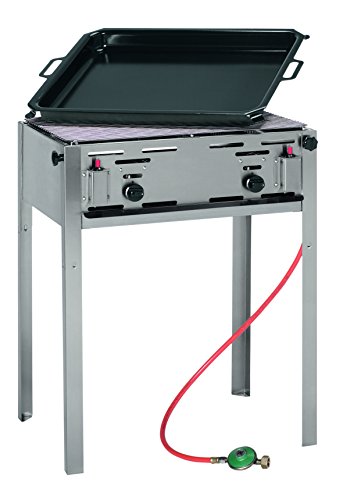 Propano de gas barbacoa con caja de acero cromo níquel – 50 MB Reductor de presión, 2 quemadores y encendido piezoeléctrico, incluye manguera de gas y Regulator – Sartén (esmaltada, 64 x 53 cm y parrilla de acero inoxidable/ABM. Barbacoa: 65 x 54 x 85 cm