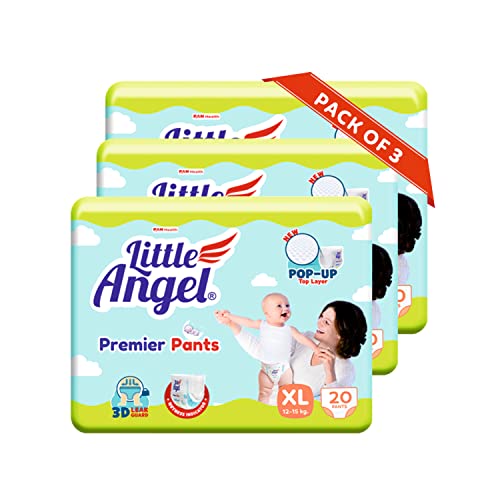Image of Little Angel Premier Pants Baby Diapers, Extra Large (XL) Size, 60 Count, Cottony Soft Material, Breathable, Extra Dry Core, Stretchable Sides, Pack of 3, 20 count /pack, 12-15 kgs