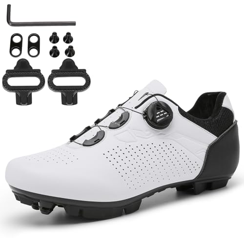 PENXZT Fahrradschuhe Damen Herren MTB Radsportschuhe Mountainbike Schuhe kompatibel mit SPD 2 Schrauben mit Cleats Radschuhe Fahrrad Outdoor,Weiß,43 EU