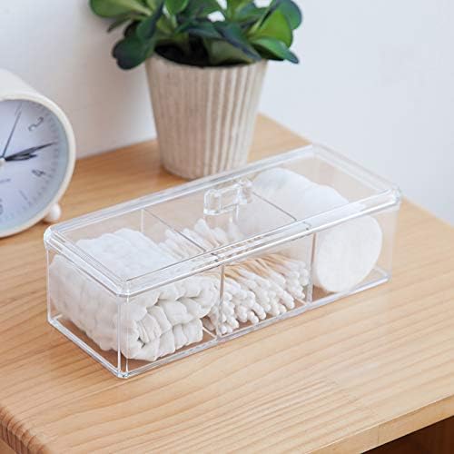 Sooyee Qtip Holder Rectangle Cotton Ball and Swab Holder Organizer with Lid, Dustproof,Waterproof,Clear Acrylic 3 Compartment Cotton Pad Container for Cotton Swabs, Make Up Pads, Cosmetics