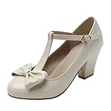 beige lack high heels beige pumps blockabsatz T-spangen Pumps Lack High Heels mit Blockabsatz und Schleife Rockabilly Schuhe (Beige,39)