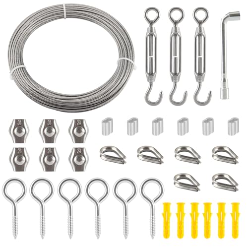 30 Metros Cable de Acero 2mm, Cable Acero Inoxidable Plastificado, Kit de Cuerda de Alambre con Tensores de Alambre, para Plantas Trepadoras, Cuerda Tendedero, Tienda de Cuerda
