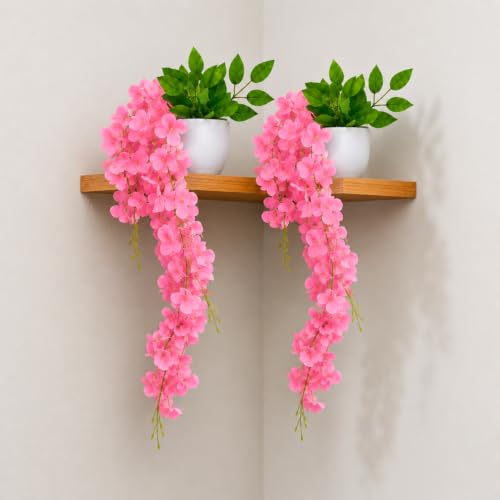 Image of fancymart Artificial Flower Pink Wisteria Hanging Plant with White Pot, 60 cm Height, Pack of 2, Realistic Floral Vine for Home, Office, Living Room & Wall Decor