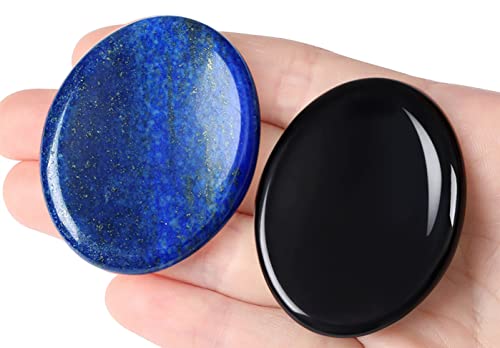 QINJIEJIE 2PCS Crystals Worry Stone for Anxiety Lapis Lazuli Obsidian Healing Crystals Hand Carved Oval Thumb Stones Pocket Gemstones Meditation Crystal Anxiety Relief Items