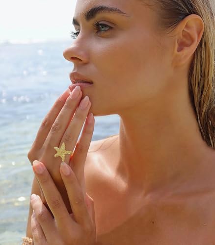 Gold Conch Shell Starfish Rings for Women Adjustable Chunky Open Stackable Seashell Rings Bohemian Statement Rings Summer Ocean Punk Jewelry3