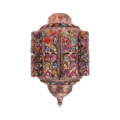 ValueLights | Large Moroccan Bazaar Style Bronze Lantern Living Room Bedroom Ceiling Light Easy Fit Pendant Shade with Multi Coloured Jewels | Shades & Home Improvements Essential | 300mm Shade Width