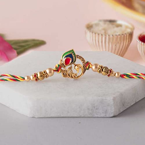 Image of eCraftIndia Pack of 5 Golden Peacock Colorful Feathers Designer Rakhi for Brother Bhaiya Bhai | 5 Best Bro Ever Fridge Magnets | Roli Chawal Pack | Raksha Bandhan Gift Set