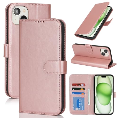 Zouzt Case for iPhone 15 Plus / 14 Plus (6.7 Inch), Premium PU Leather Wallet Case with Credit Card Holder Slot Flip Folio Kickstand Shockproof Protective Phone Cover (Rose Gold)