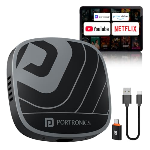 Image of Portronics Tune Plus, 2-in-1 CarPlay & Android Auto Adapter with Inbuilt YouTube, Netflix, Converts Wired to Wireless, 3GB RAM + 32GB ROM, Plug &Play, USB-A & Type-C Compatible, TF Card Slot for Media