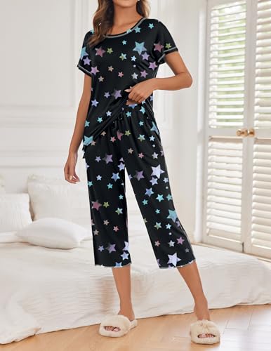 Image of Ekouaer 2 Pack Womens Pajamas Sets Short Sleeve Tops and Capri Pants Pjs Colorful Printed Sleepwear Sets