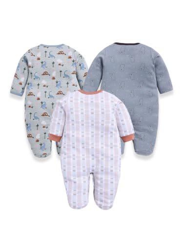 Image of BABY GO Baby Sleepsuit Pack of 3 | 100% Cotton Full Sleeve Footed Romper for Newborn Baby Boys & Girls | Front Open Snap Button Onesie Jumpsuit | Soft Breathable Nightwear