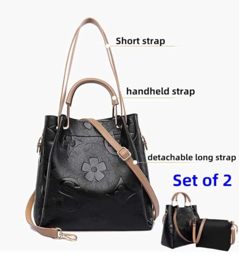 Women Large Tote Bag with Pouch Set of 2 Trendy Retro Floral Embossed Shoulder Handbag Crossbody Bucket Purse Fashion4