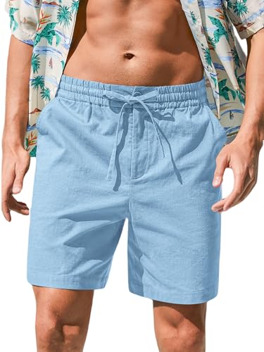 Image of RQP Mens Cotton Linen Shorts Casual Drawstring 7inch Inseam Shorts Stretch Summer Beach Wear