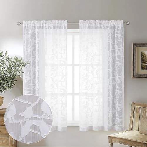 OVZME White Small Sheer Curtains 45 Inch Length 2 Panels Set, Light Filtering Soft Airy Cafe Curtains Dual Rod Pocket Design, Leaf Bird Jacquard Farmhouse Window Drapes for Kitchen, 2x38Wx45L Inches