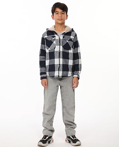 Image of ZENTHACE Boys Sherpa Fleece Lined Flannel Plaid Button Down Shirt Jacket,Hooded Flannel Shirt with Hand Pockets