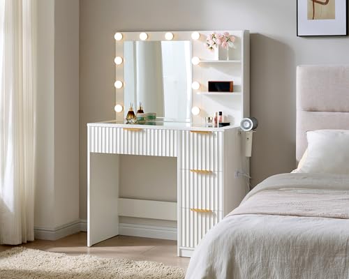 Image of AMERLIFE 36.2 inch Fluted Vanity Desk with Mirror and Adjustable LED Lights, Large 4 Drawers Makeup Table with Glass Top and Charging Station for Women and Girls, Bedroom or Dorm, White