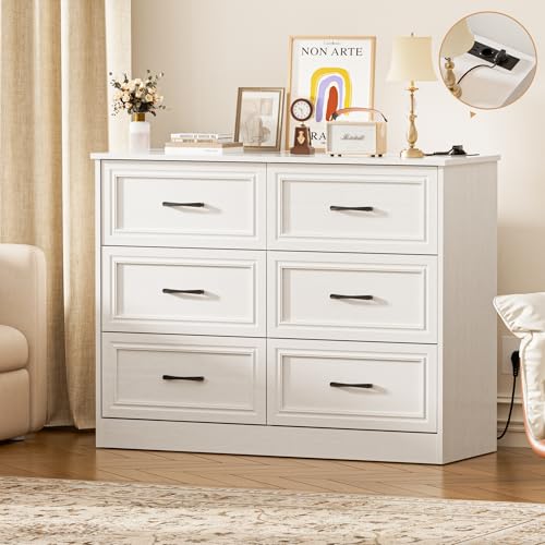 FiveWillowise Kommode weiß, Komode mit 6 schubladen, Sideboard Wohnzimmer mit 2 USB-Anschlüsse und 2 Ladefunktion, Komodenschrank für Schlafzimmer, Arbeitszimmer Flur, 106 x 81.5 x 39 cm FiveWillowise Kommode weiß, Komode mit 6 schubladen, Sideboard Wohnzimmer mit 2 USB-Anschlüsse und 2 Ladefunktion, Komodenschrank für Schlafzimmer, Arbeitszimmer Flur, 106 x 81.5 x 39 cm