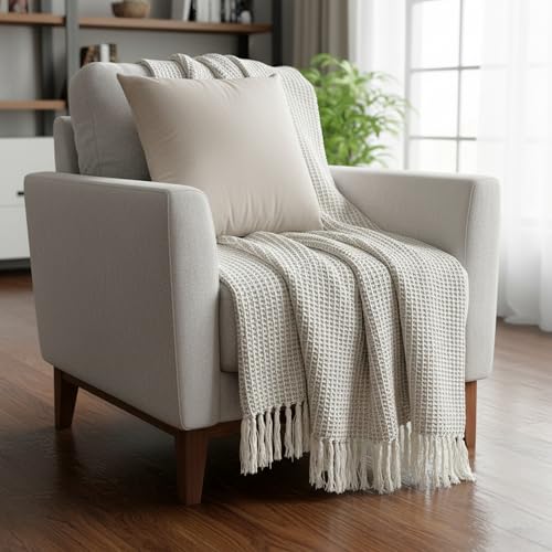 Image of SAJAVAT HOME Soft Cotton 3 Seater Sofa Throw with Cushion Cover | 80x52 Inches (204x132 Cm) | Hand-Knitted Light Fawn & White & Velvet Beige Cushion18x18 for Sofa, Bed, Chair & Travel | Pack of 1