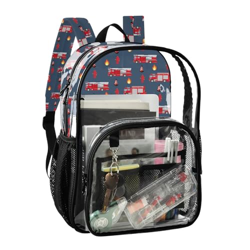 Fire Trucks Print Clear Backpack Lightweight Large Capacity See Through Bookbag Transparent Daypack Bag, 12L2