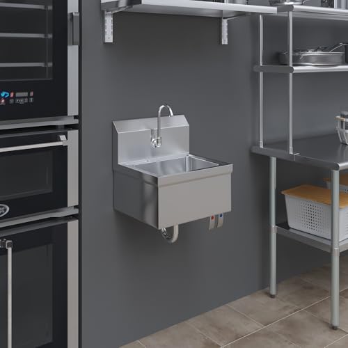 Image of Hands-Free Wall-Mounted Stainless Steel Hand Sink, 17 in x 15 in, with Double Knee Valves and Faucet