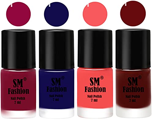 Image of Nail Polish Combo Set (Pack of 4) Quick Dry Gel Finish Nail Paint | Cherry Blossom,Dark Blue,Light Pink,Wine Red | 7 ml Each