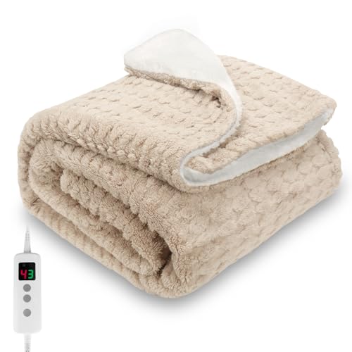 PROALLER Heated Blanket, Electric heated throw 160x130CM Beige, 10 Levels &1-9H Timer Auto-Off, Machine Washable, Soft Flannel Sherpa and Full Body Warming, Sofa Bed Office Use, warm blanket, electric
