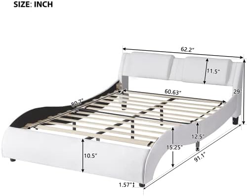 Miniatura 13 de Marco de cama matrimonial con luces LED, moderno marco de cama LED de bajo perfil con cabecero, marco de cama tapizado de piel sintética ondulada de