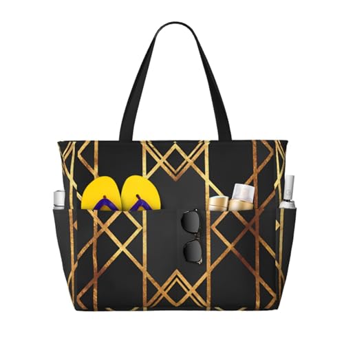 Grand sac de plage imprimé géométrique or et noir avec poignées pour femme