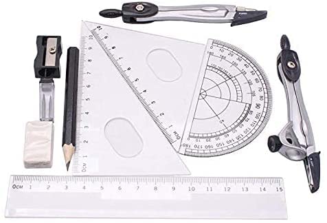 AKAZI Mathematik-Geometrie-Kit-Set Kunststoff-Metall-Geometrie-Winkelmesser Zeichenschule Radiergummi-Kompass-Set Mathematik-Radiergummi-Lineal für Schüler (10-teiliges Set) Geometrie-Kit