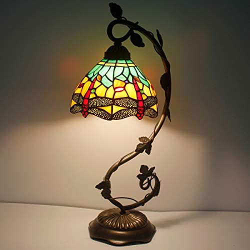 WERFACTORY Bedside Lamp Tiffany Style Stained Glass Table Lamp, Green Yellow Dragonfly Antique Banker Desk Light with 21" Tall Thin Metal Leaf Base - Bedroom Living Room Accent Hotel