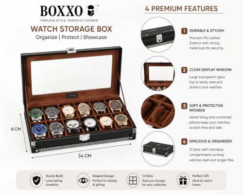 Image of BOXXO 12 Slot Watch Organizer Box for Men & Women - Premium PU Leather Watch Case (12G - Black /Tan)