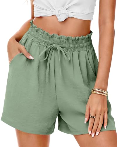 HMIYA Kurze Hose Damen High Waist Leicht Sommershorts Weites Bein Sommer Musselin Shorts mit Taschen Grün L
