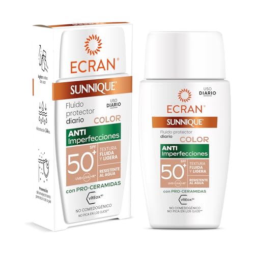 ECRAN SUNNIQUE – Fluido Protector Facial Diario con Color - Anti-Imperfecciones SPF50+ Protección Solar - Unifica el Tono y Corrige Rojeces - Textura Ligera - Resistente al Agua - 40 ml