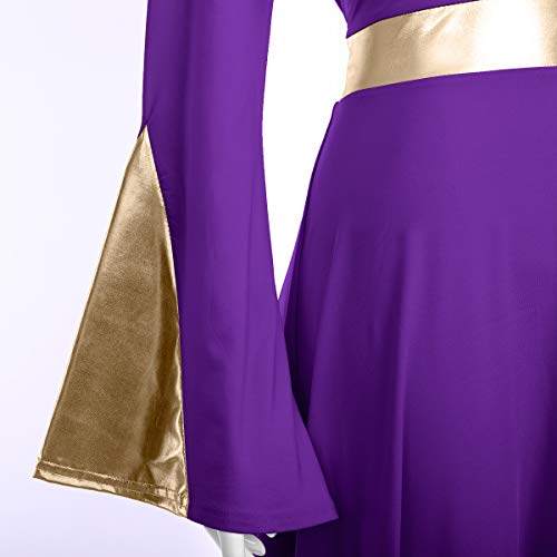 Women's Ladies Praise Stretchy Full Length Flare Long Sleeve Dance Dress Adult Lyrical Skirt Gymnastics and Ballet Dresses Maxi Gown Dancing Plain Color Clothes Swing Skirt Purple + Gold 2XL