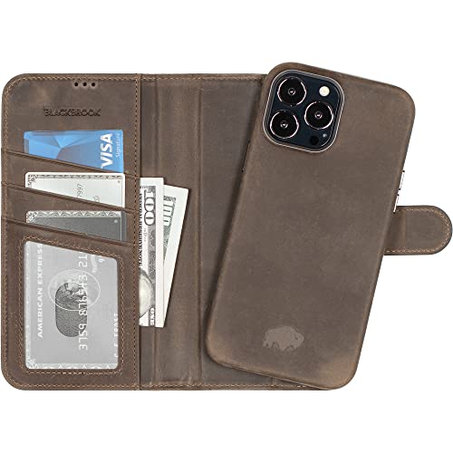 BlackBrook Case MagSafe Compatible Wallet for iPhone 13 Pro Max - Carson Natural Leather Wallet Case for iPhone 13 Pro Max - Luxurious Magnetic Snap-on Flip Cover with Kickstand & Stronger Magnets