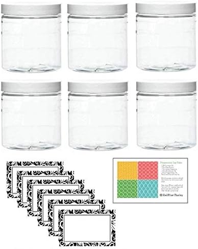 Clear 8 oz PET Plastic Round Jars with White Lids, with Labels, 6 Pack (C8WL6)