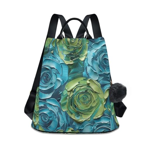 KLL Stereo Roses Blue-green 3d Stereoscopic Style Fashion carry on backpack casual backpack for women travel for Daily College Shopping with Pom-pom keychain