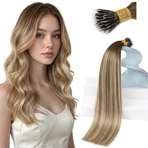 Sunny Hair Nano Ring Hair Extensions 18 Inch Soft Nano Tips Hair Brown Ombre Light Brown Highlights Blonde Invisible Design for Women Seeking Subtle Brightening 50g