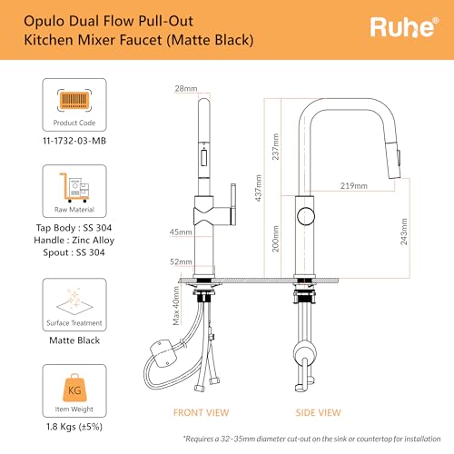 Image of Ruhe Opulo Dual Flow Pull-Out Kitchen Mixer Faucet - Matte Black | 360 Swivel | Hot & Cold Water Faucet | Single Lever Tap | Table Mounted Kitchen Sink Tap