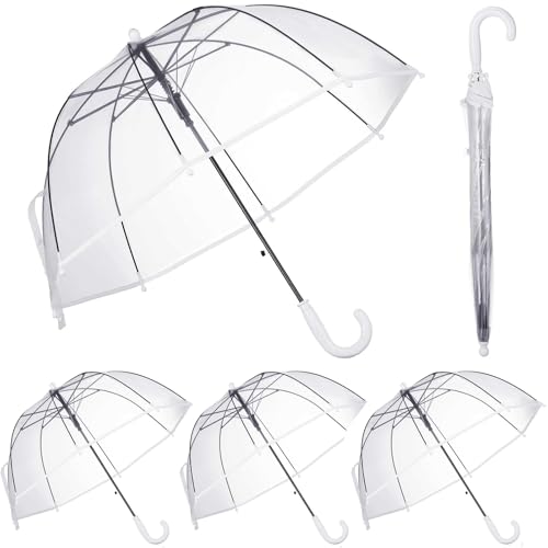 Kacctyen 4 Pcs Kids Clear Windproof Bubble Umbrella Auto Open Rainproof Transparent Umbrella for Children Boys Girls Outing (White Border)