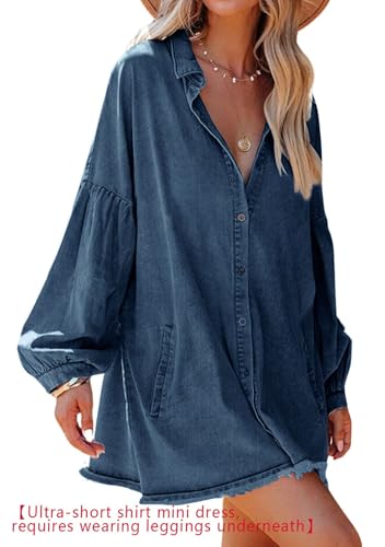 Image of loveimgs Women Oversized Distressed Denim Button Down Shirt Tunic Dress Flowy Mini Jean Dress with Pockets