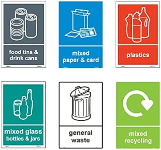 Haobase 6 Pcs Recycling Sorting Sticker Signs - Set of 6 Stickers - Self Adhesive Vinyl (12.5cm x 8cm)