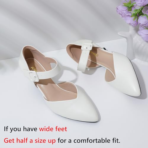 Image of RIBONGZ Comfortable Kitten Heels for Women Pointed Closed Toe Ankle Strap Buckle Heels Slip on Low Heel Church Pumps Wedding Bridal Party Dressy Shoes