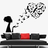 YOUSHIHUI Vinilo Inspirador Chica Corazón Soplando con Pájaro Calcomanía de Pared Calcomanía Habitación Infantil Vinilo Mujer Silueta Corazón Aplique 81x57cm