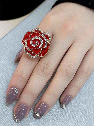 Dtja CZ Rose Flower Promise Ring for Women Girls Statement Diamond Crystal 3D Enamel Flowers Adjustable Open Wrap Finger Rings Comfort Fit Vintage Elegant Wedding Valentine Holiday Jewelry Gift2