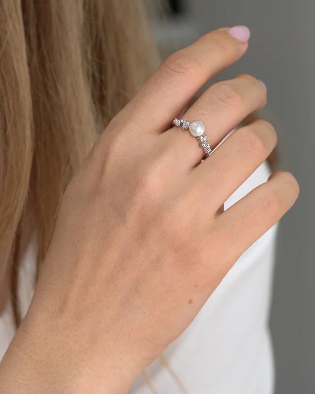 STARCHENIE Freshwater Cultured Pearl Ring 925 Sterling Silver 6mm White Pearl Rings for Women Anniversary Jewelry Size 5-102