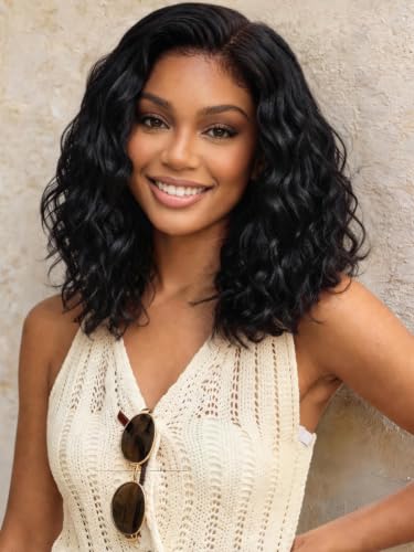Image of KLAIYI Side Part Bob Water Wave Glueless 6x4 Lace Front Wigs Human Hair 12 inch | Bye Bye Slip Precut Lace Front Wig Drawstring Pre Plucked Bleached Knots Bob Curly 30S Ready to Wear and Go Wig 180% Density