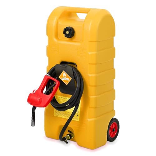 PAMBEE 15 Gallon Gas Can Fuel Tank Container with LE Fluid Transfer Manual Siphon Pump & 10FT Hose Portable Diesel Gas Storage Caddy with Wheels for Car ATV Weeder Boat etc. Yellow